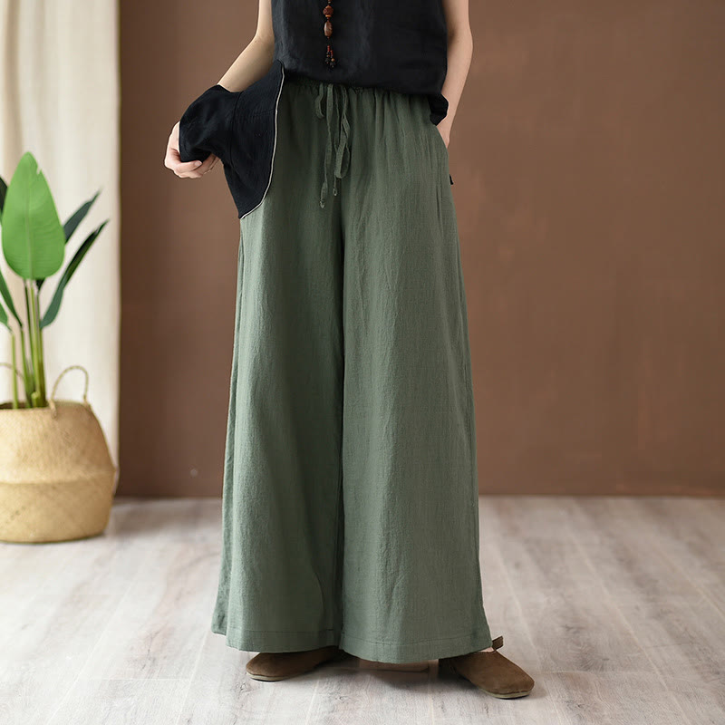 Buddha Stones Loose Cotton Linen Drawstring Wide Leg Pants With Pockets - Dark Green - US4，UK/AU8，EU36 (L) - image 16