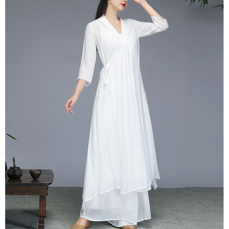 Buddha Stones Hanfu Style Midi Dress Wide Leg Pants Meditation Zen Practice Yoga Dance Clothing - image 9