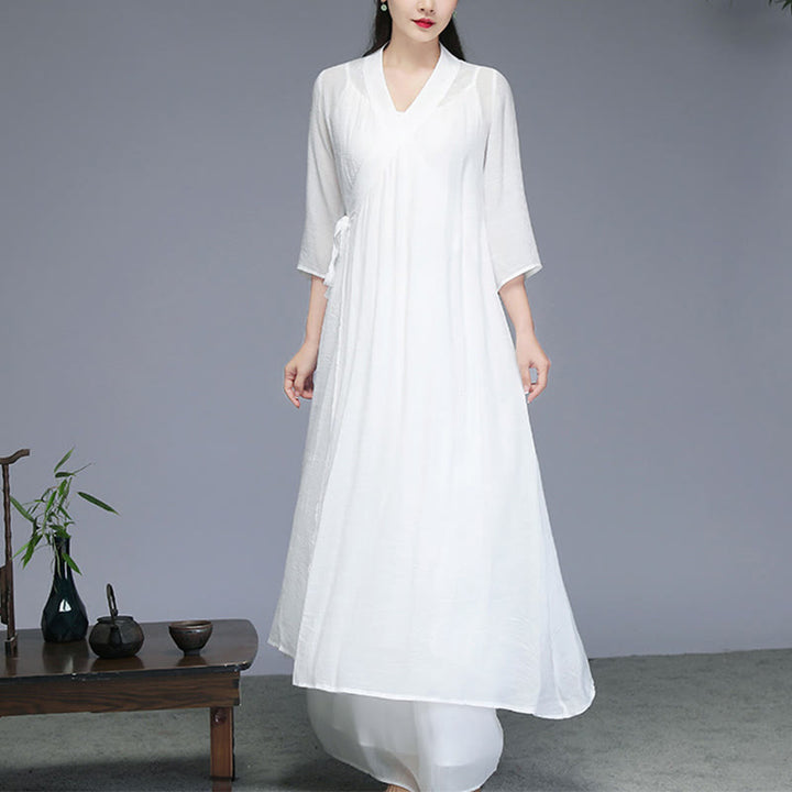 Buddha Stones Hanfu Style Midi Dress Wide Leg Pants Meditation Zen Practice Yoga Dance Clothing - image 1