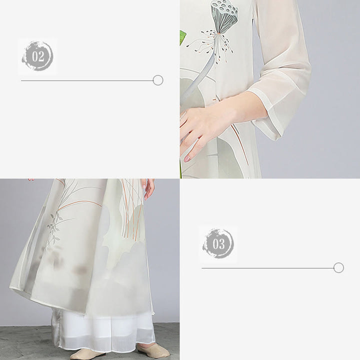Buddha Stones Lotus Flower Pod Chiffon Cheongsam Midi Dress Meditation Zen Practice Clothing - image 6