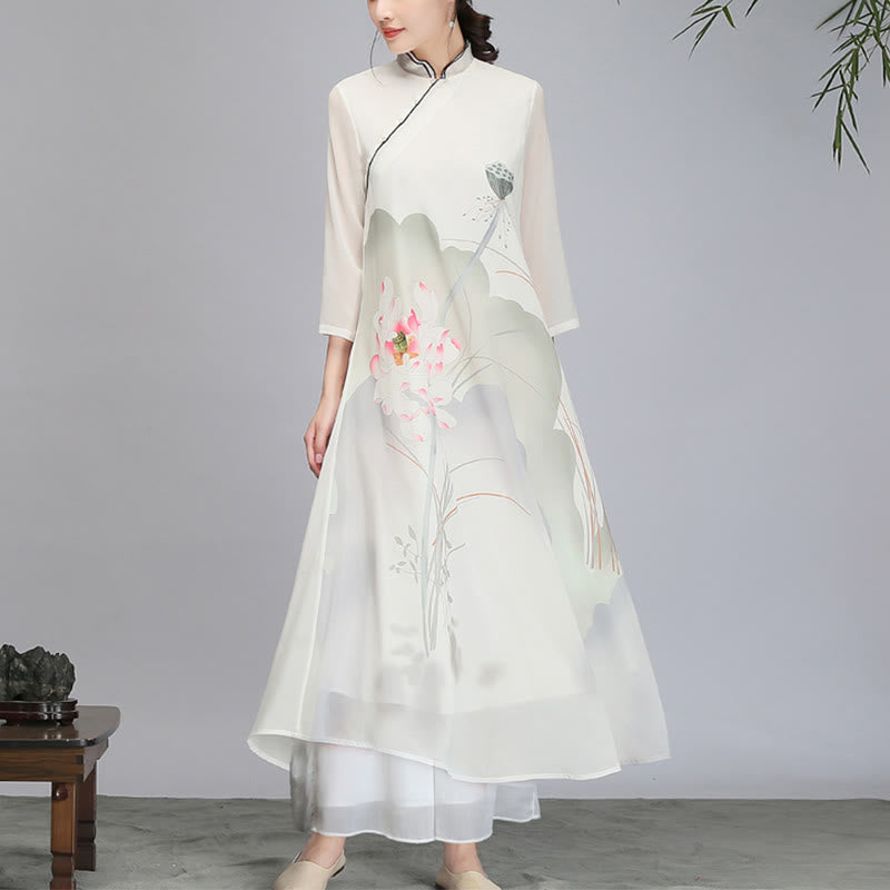 Buddha Stones Lotus Flower Pod Chiffon Cheongsam Midi Dress Meditation Zen Practice Clothing - Midi Dress(Dress Only) - US8-10，UK/AU12-14，EU40-42 (2XL) - image 0