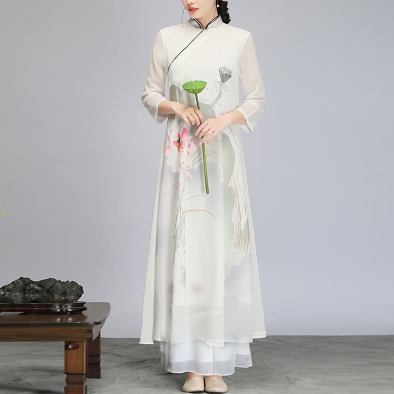 Buddha Stones Lotus Flower Pod Chiffon Cheongsam Midi Dress Meditation Zen Practice Clothing - image 3