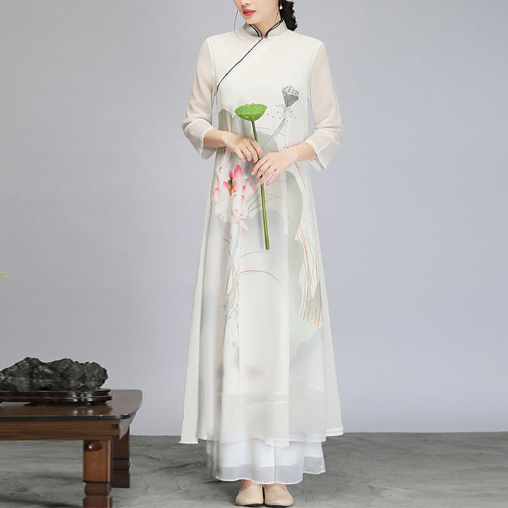 Buddha Stones Lotus Flower Pod Chiffon Cheongsam Midi Dress Meditation Zen Practice Clothing - image 3