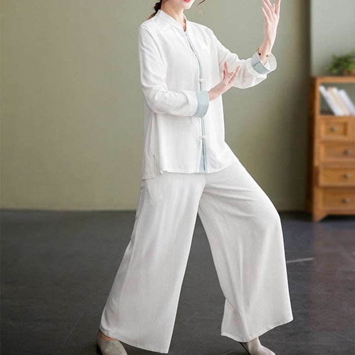 Buddha Stones 2Pcs Tang Suit Long Sleeve Shirt Top Pants Meditation Zen Tai Chi Cotton Linen Clothing Women's Set - image 3