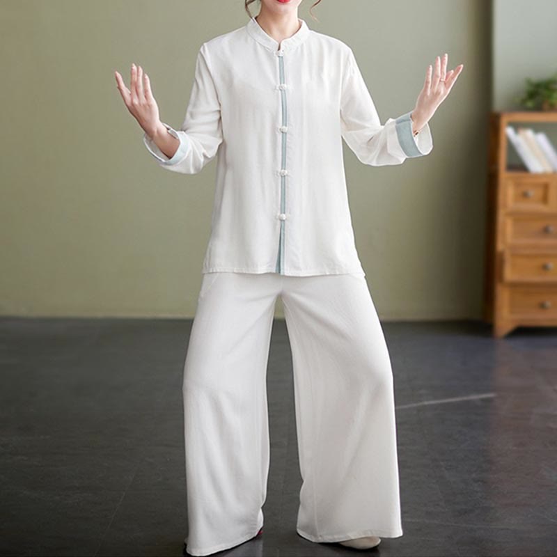 Buddha Stones 2Pcs Tang Suit Long Sleeve Shirt Top Pants Meditation Zen Tai Chi Cotton Linen Clothing Women's Set - image 1