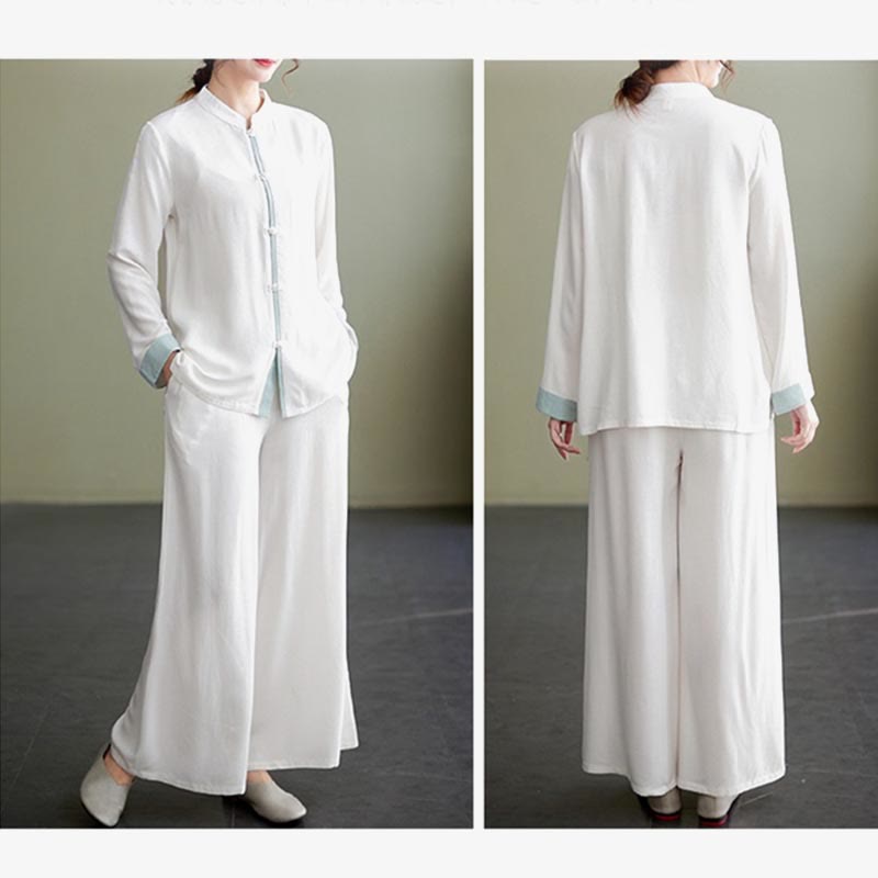 Buddha Stones 2Pcs Tang Suit Long Sleeve Shirt Top Pants Meditation Zen Tai Chi Cotton Linen Clothing Women's Set - image 5