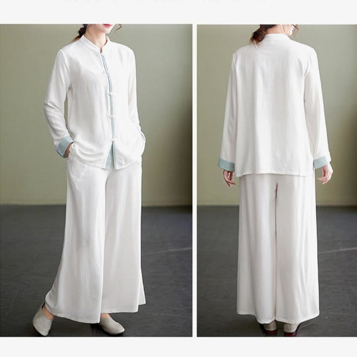 Buddha Stones 2Pcs Tang Suit Long Sleeve Shirt Top Pants Meditation Zen Tai Chi Cotton Linen Clothing Women's Set - image 5