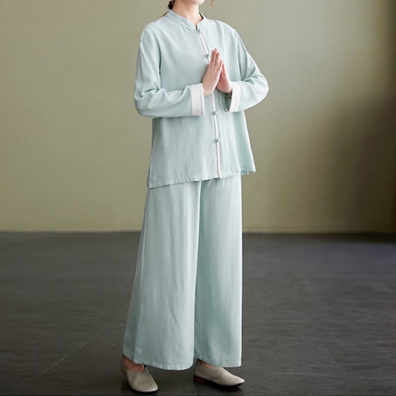 Buddha Stones 2Pcs Tang Suit Long Sleeve Shirt Top Pants Meditation Zen Tai Chi Cotton Linen Clothing Women's Set - image 18