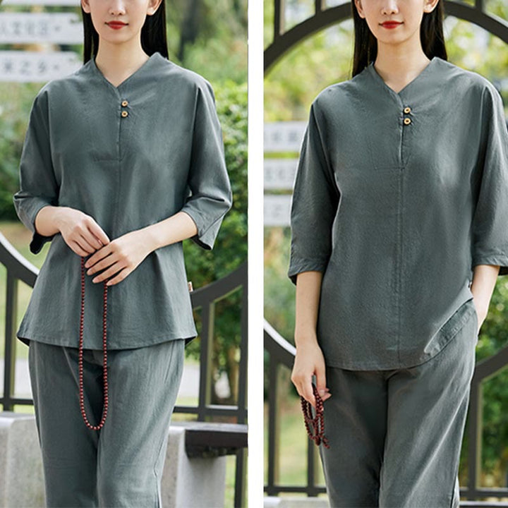 Buddha Stones 2Pcs Shirt Top Pants Meditation Zen Tai Chi Cotton Linen Clothing Women's Set - image 19