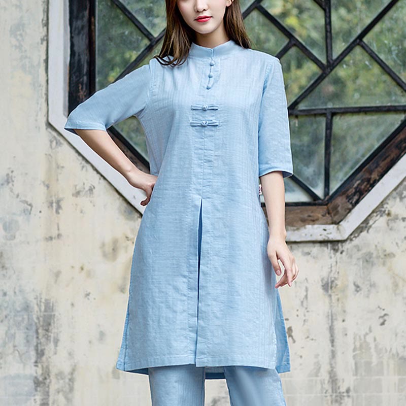 Buddha Stones 2Pcs Half Sleeve Shirt Top Pants Meditation Zen Tai Chi Linen Clothing Women's Set - Blue(Top&Pants) - US8-10，UK/AU12-14，EU40-42 (2XL) - image 13