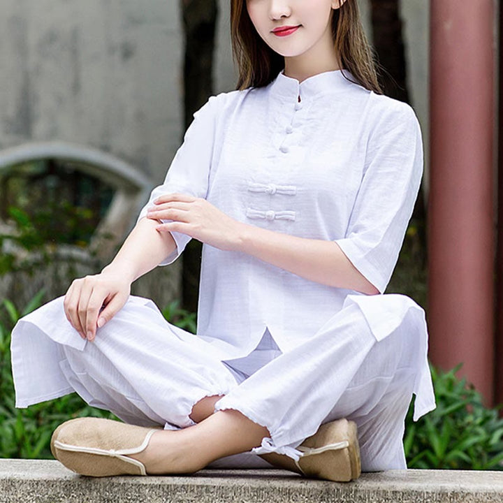 Buddha Stones 2Pcs Half Sleeve Shirt Top Pants Meditation Zen Tai Chi Linen Clothing Women's Set - White(Top&Pants) - US8-10，UK/AU12-14，EU40-42 (2XL) - image 0