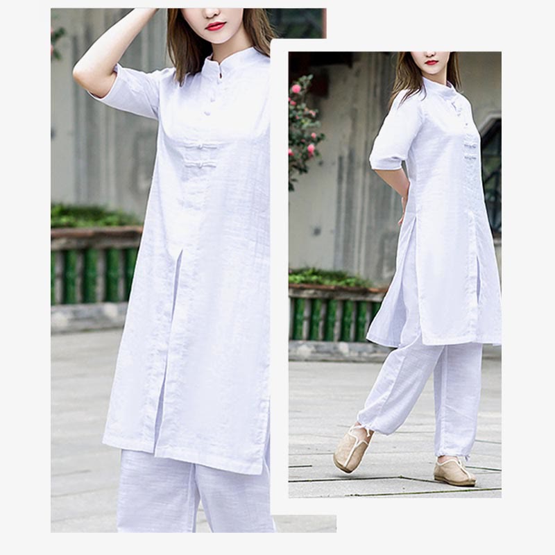 Buddha Stones 2Pcs Half Sleeve Shirt Top Pants Meditation Zen Tai Chi Linen Clothing Women's Set - image 6