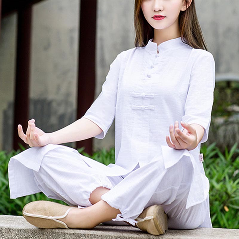 Buddha Stones 2Pcs Half Sleeve Shirt Top Pants Meditation Zen Tai Chi Linen Clothing Women's Set - image 4