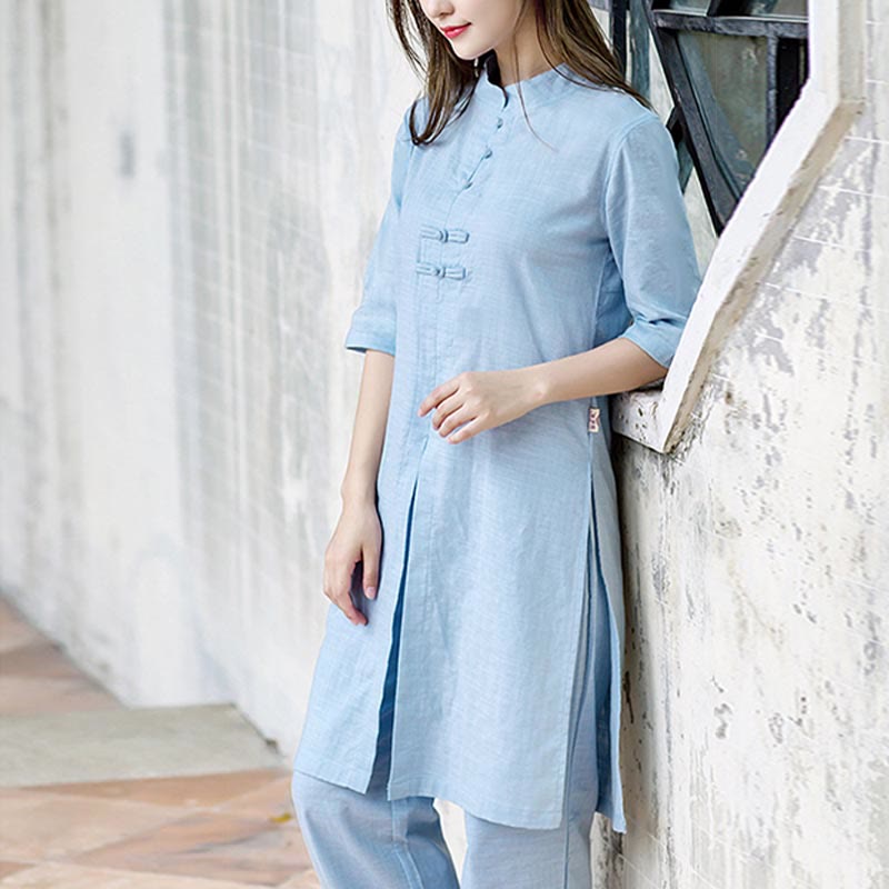 Buddha Stones 2Pcs Half Sleeve Shirt Top Pants Meditation Zen Tai Chi Linen Clothing Women's Set - image 15