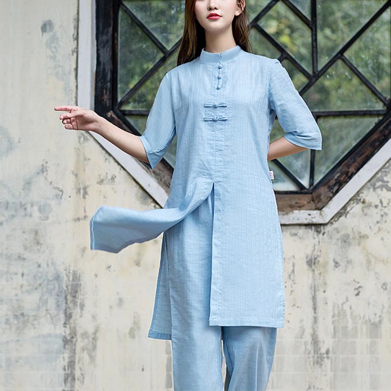 Buddha Stones 2Pcs Half Sleeve Shirt Top Pants Meditation Zen Tai Chi Linen Clothing Women's Set - image 14