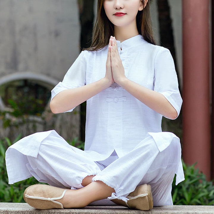 Buddha Stones 2Pcs Half Sleeve Shirt Top Pants Meditation Zen Tai Chi Linen Clothing Women's Set - image 3