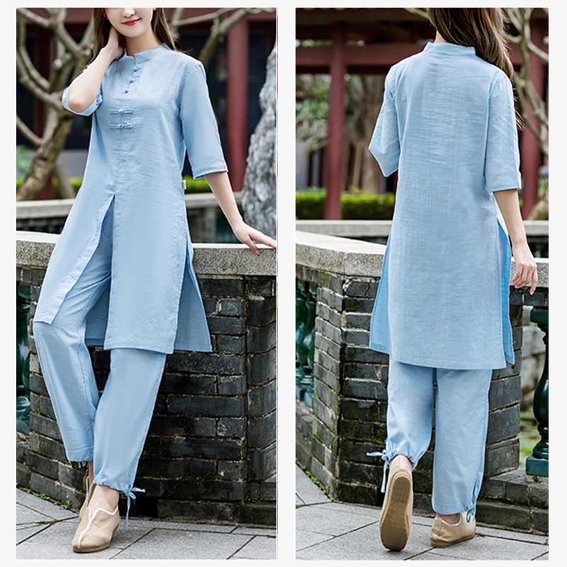 Buddha Stones 2Pcs Half Sleeve Shirt Top Pants Meditation Zen Tai Chi Linen Clothing Women's Set - image 17