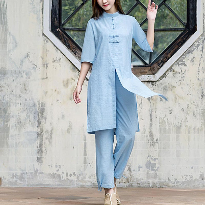 Buddha Stones 2Pcs Half Sleeve Shirt Top Pants Meditation Zen Tai Chi Linen Clothing Women's Set - image 16
