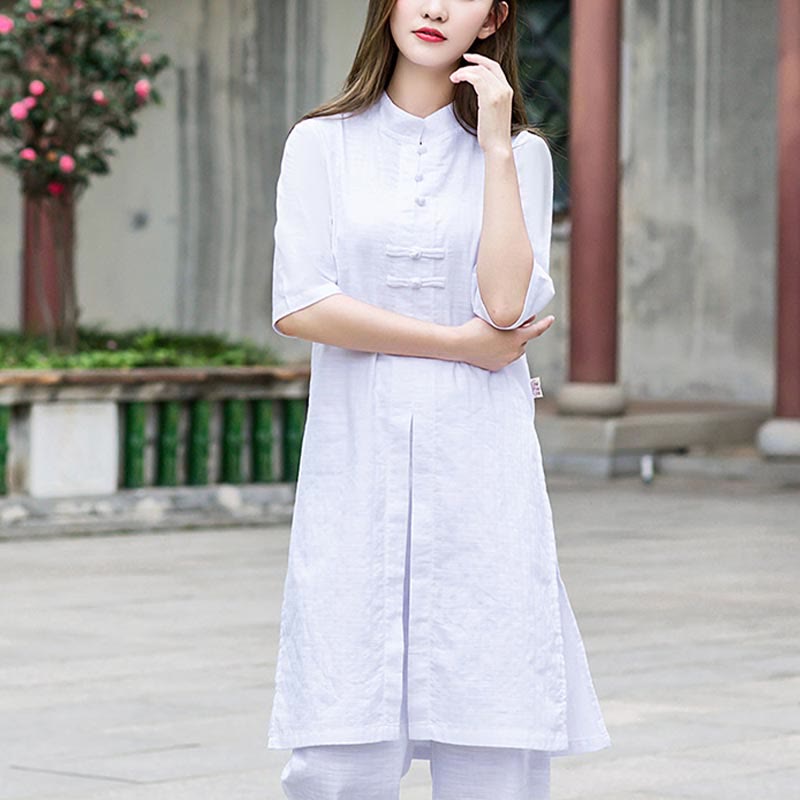Buddha Stones 2Pcs Half Sleeve Shirt Top Pants Meditation Zen Tai Chi Linen Clothing Women's Set - image 1