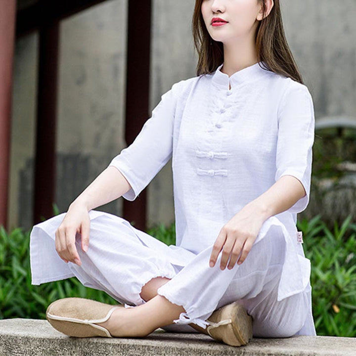 Buddha Stones 2Pcs Half Sleeve Shirt Top Pants Meditation Zen Tai Chi Linen Clothing Women's Set - image 2