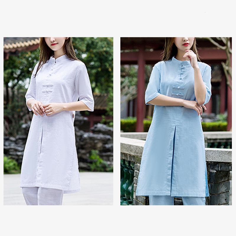 Buddha Stones 2Pcs Half Sleeve Shirt Top Pants Meditation Zen Tai Chi Linen Clothing Women's Set - image 19