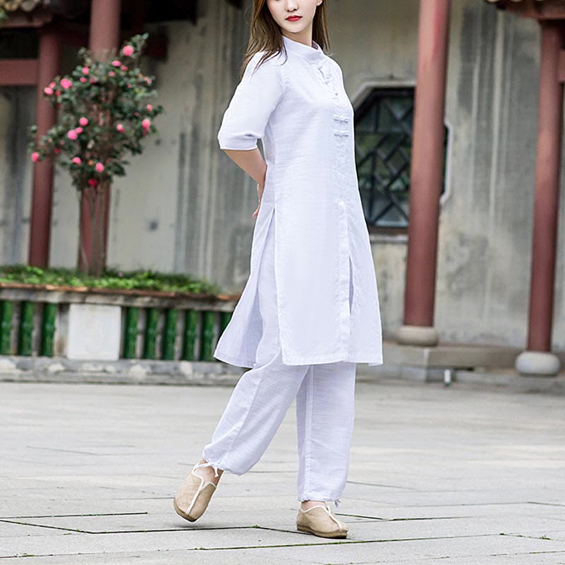 Buddha Stones 2Pcs Half Sleeve Shirt Top Pants Meditation Zen Tai Chi Linen Clothing Women's Set - image 5