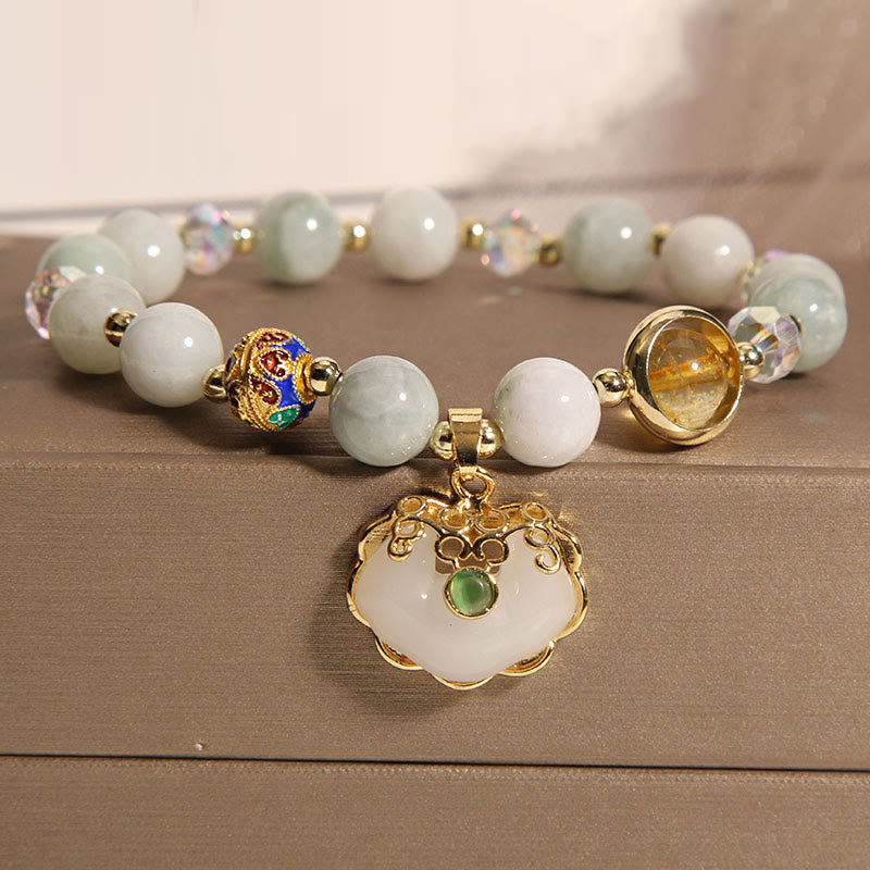 Buddha Stones Strawberry Quartz Green Crystal Amethyst Healing Chinese Lock Charm Bracelet - Jade(Wrist Circumference 14-16cm) - image 8