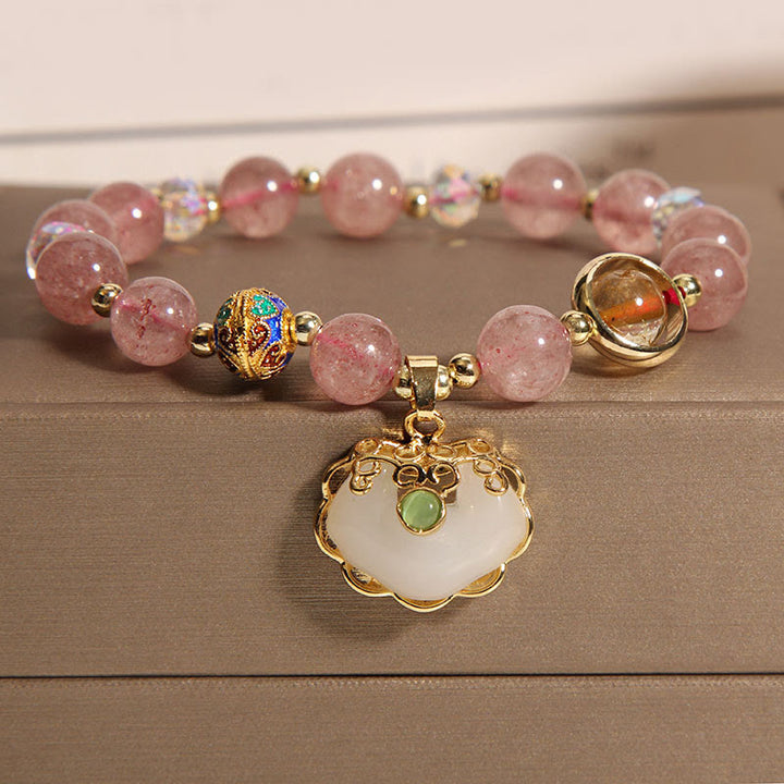 Buddha Stones Strawberry Quartz Green Crystal Amethyst Healing Chinese Lock Charm Bracelet - Strawberry Quartz(Wrist Circumference 14-16cm) - image 0