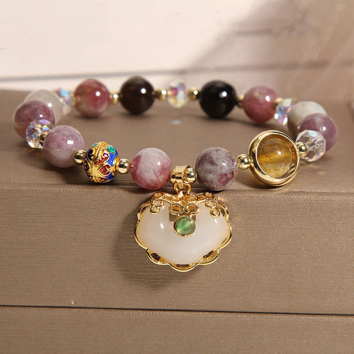 Buddha Stones Strawberry Quartz Green Crystal Amethyst Healing Chinese Lock Charm Bracelet - Amethyst(Wrist Circumference 14-16cm) - image 15