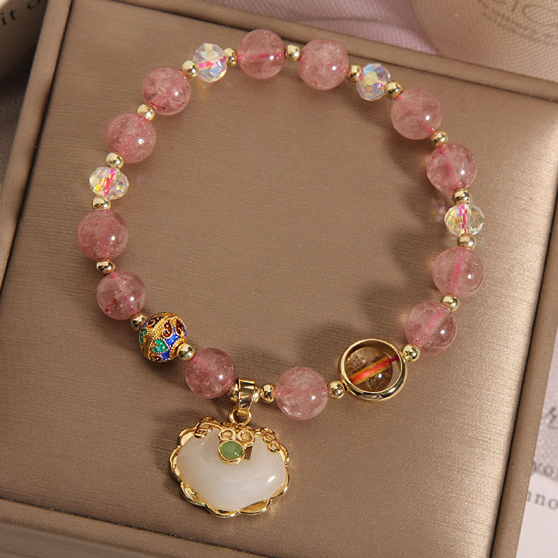 Buddha Stones Strawberry Quartz Green Crystal Amethyst Healing Chinese Lock Charm Bracelet - image 1