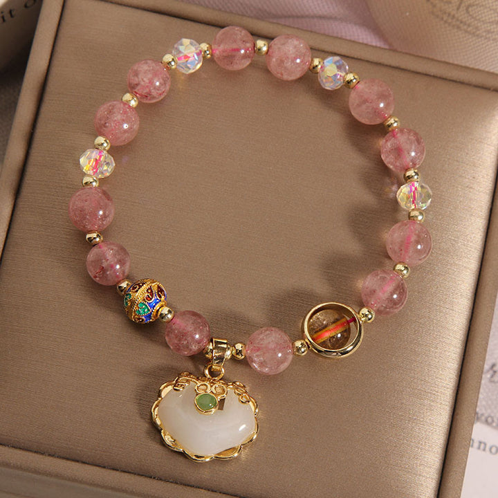 Buddha Stones Strawberry Quartz Green Crystal Amethyst Healing Chinese Lock Charm Bracelet - image 1