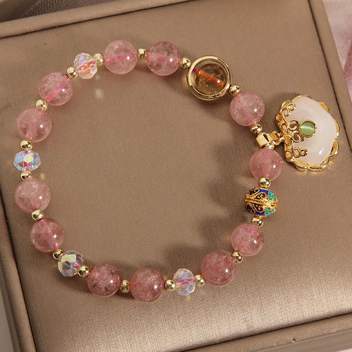Buddha Stones Strawberry Quartz Green Crystal Amethyst Healing Chinese Lock Charm Bracelet - image 2