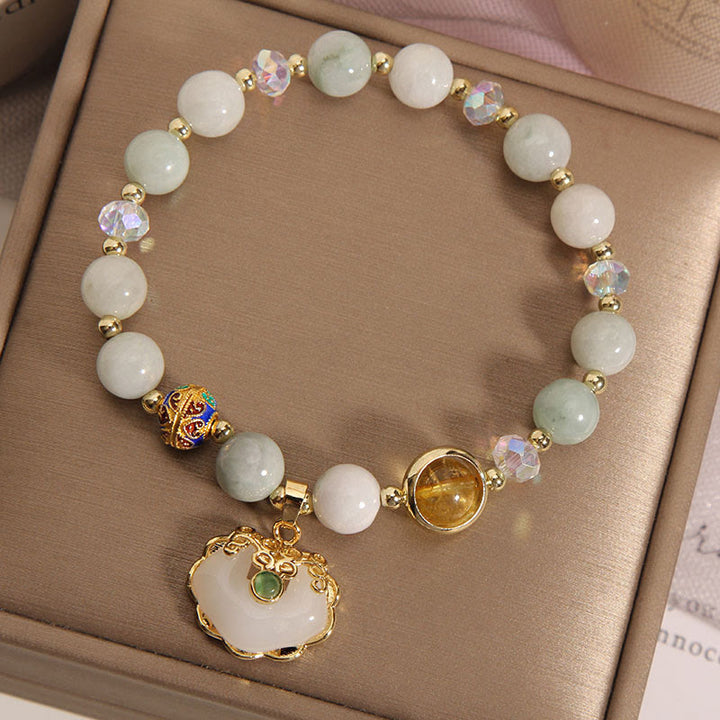 Buddha Stones Strawberry Quartz Green Crystal Amethyst Healing Chinese Lock Charm Bracelet - image 9