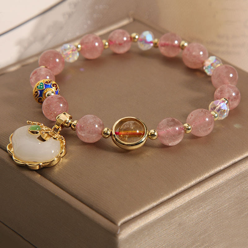 Buddha Stones Strawberry Quartz Green Crystal Amethyst Healing Chinese Lock Charm Bracelet - image 3