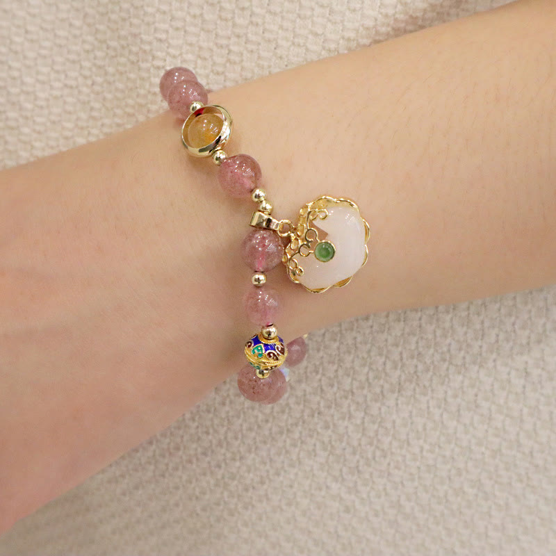 Buddha Stones Strawberry Quartz Green Crystal Amethyst Healing Chinese Lock Charm Bracelet - image 6