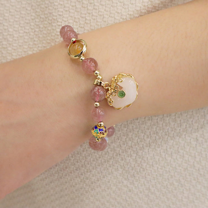 Buddha Stones Strawberry Quartz Green Crystal Amethyst Healing Chinese Lock Charm Bracelet - image 6