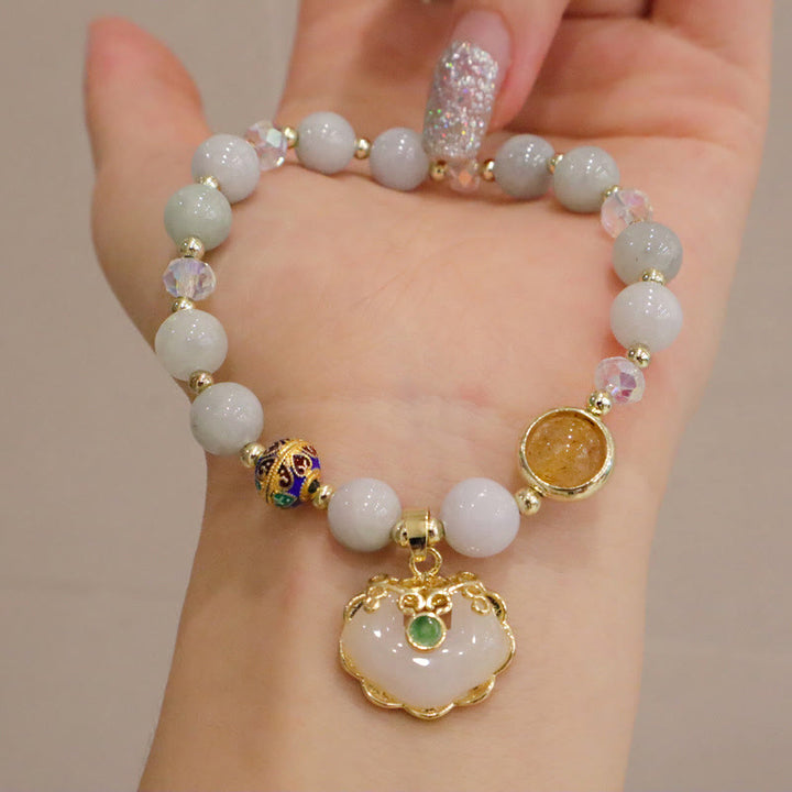 Buddha Stones Strawberry Quartz Green Crystal Amethyst Healing Chinese Lock Charm Bracelet - image 12