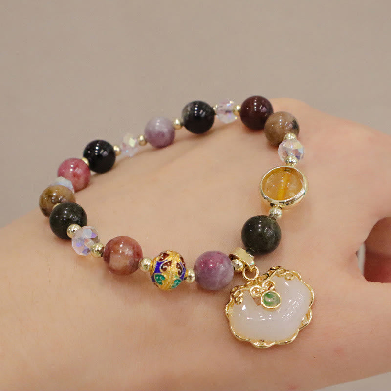Buddha Stones Strawberry Quartz Green Crystal Amethyst Healing Chinese Lock Charm Bracelet - image 18