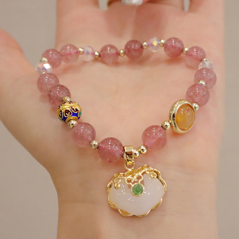 Buddha Stones Strawberry Quartz Green Crystal Amethyst Healing Chinese Lock Charm Bracelet - image 5