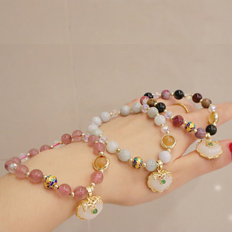 Buddha Stones Strawberry Quartz Green Crystal Amethyst Healing Chinese Lock Charm Bracelet - image 19