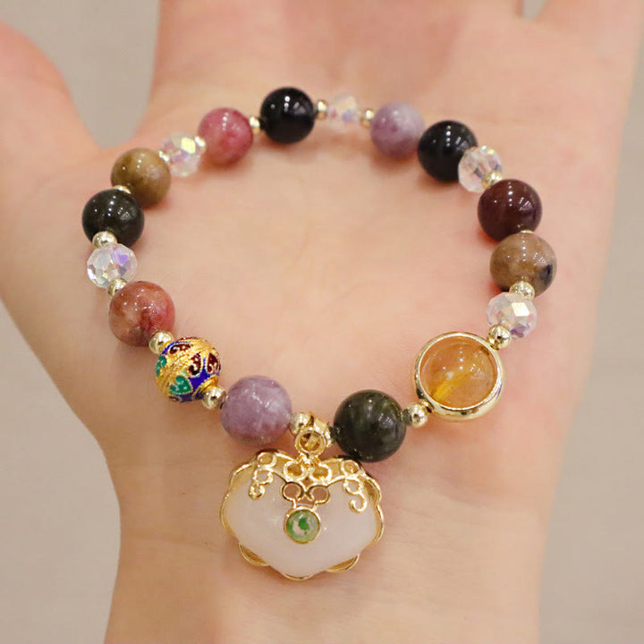 Buddha Stones Strawberry Quartz Green Crystal Amethyst Healing Chinese Lock Charm Bracelet - image 17