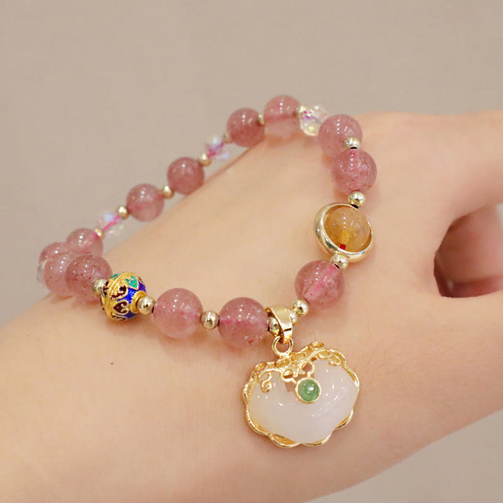 Buddha Stones Strawberry Quartz Green Crystal Amethyst Healing Chinese Lock Charm Bracelet - image 4