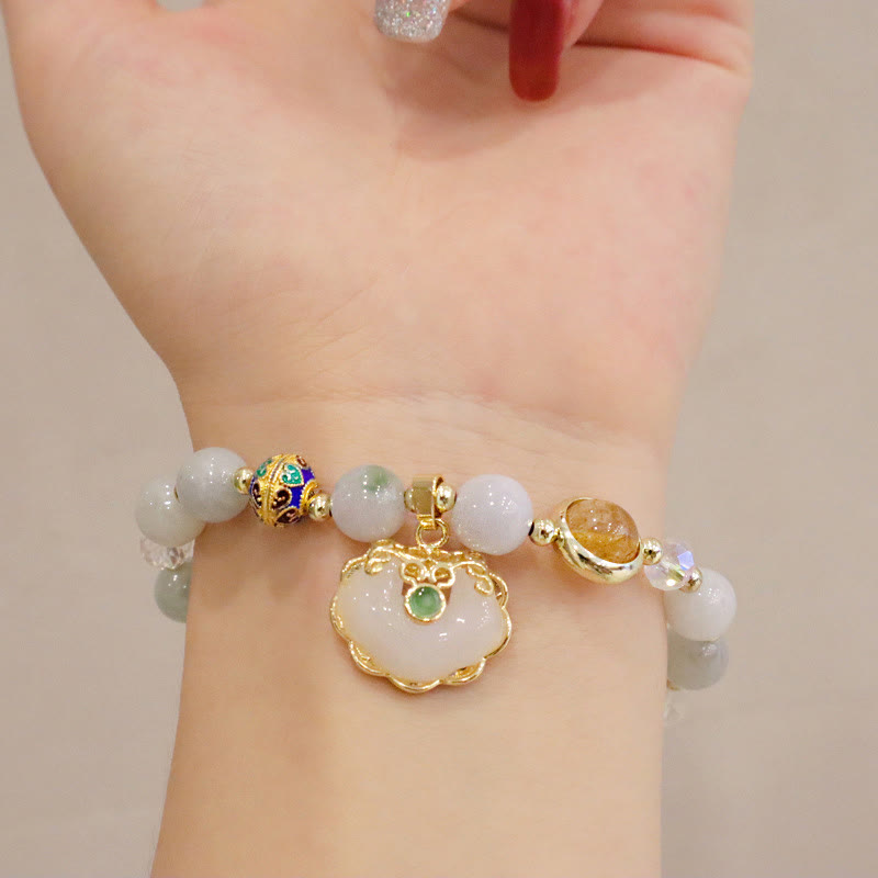 Buddha Stones Strawberry Quartz Green Crystal Amethyst Healing Chinese Lock Charm Bracelet - image 11