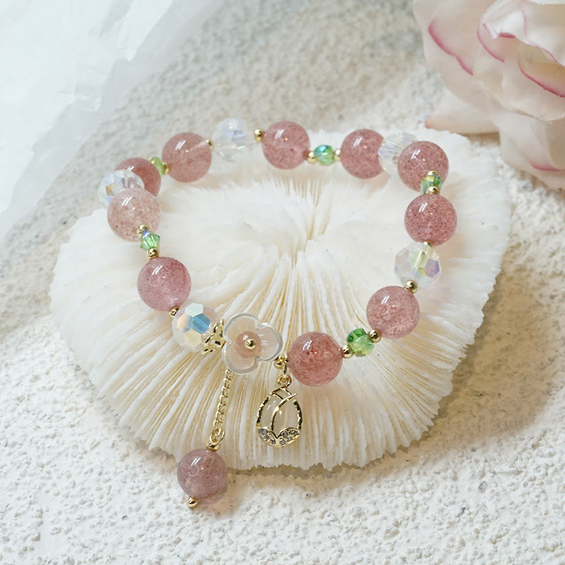 Buddha Stones Strawberry Quartz Rutilated Quartz Fluorite Flower Healing Bracelet - image 6