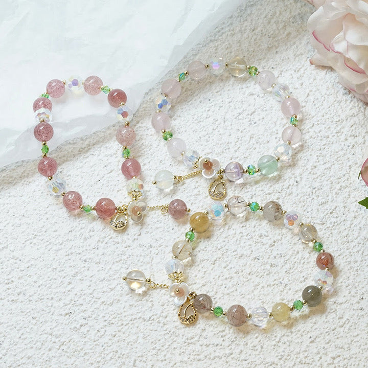 Buddha Stones Strawberry Quartz Rutilated Quartz Fluorite Flower Healing Bracelet - image 30