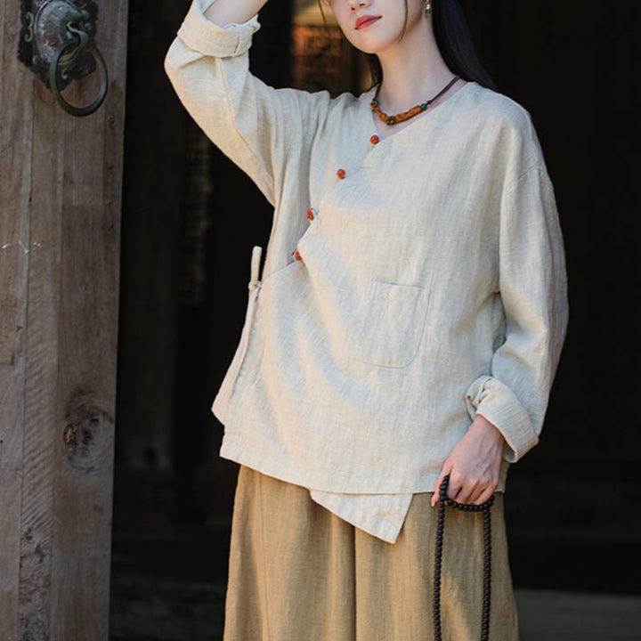 Buddha Stones Solid Color Ramie Linen Loose Blouse Long Sleeve Shirt Chinese Hanfu Top - image 1