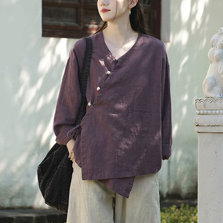 Buddha Stones Solid Color Ramie Linen Loose Blouse Long Sleeve Shirt Chinese Hanfu Top - image 22