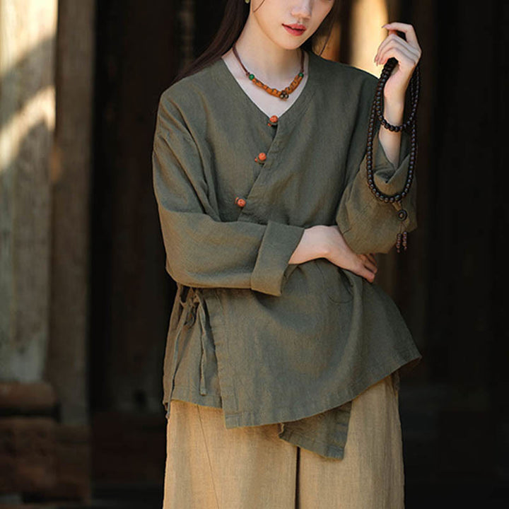 Buddha Stones Solid Color Ramie Linen Loose Blouse Long Sleeve Shirt Chinese Hanfu Top - image 10