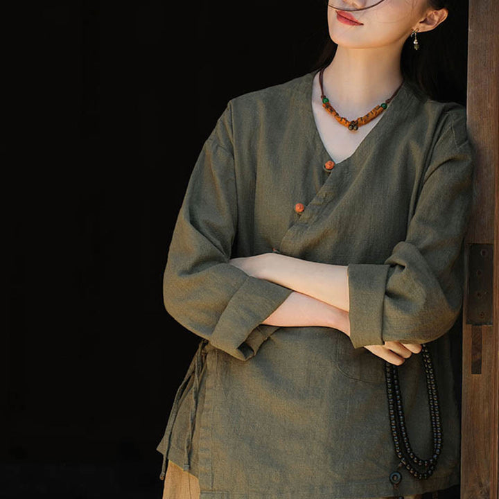 Buddha Stones Solid Color Ramie Linen Loose Blouse Long Sleeve Shirt Chinese Hanfu Top - image 12