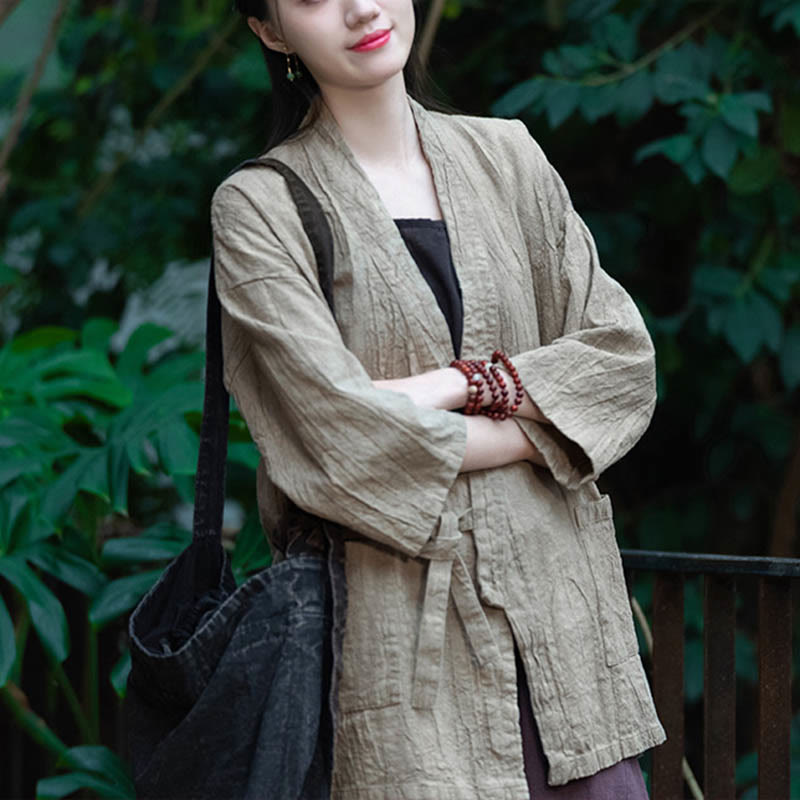 Buddha Stones Hanfu Design Three Quarter Sleeve Ramie Linen Coat Open Front Top Jacket - image 1